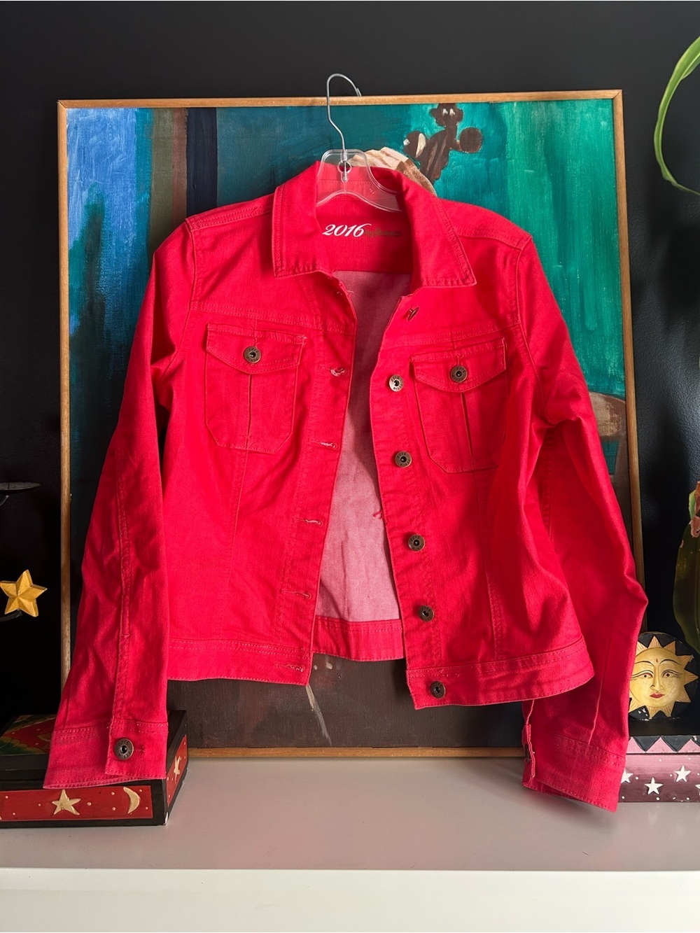 2016 by Parasuco Red Denim Jacket Women’s Trucker Button Front Jean Coat L/G